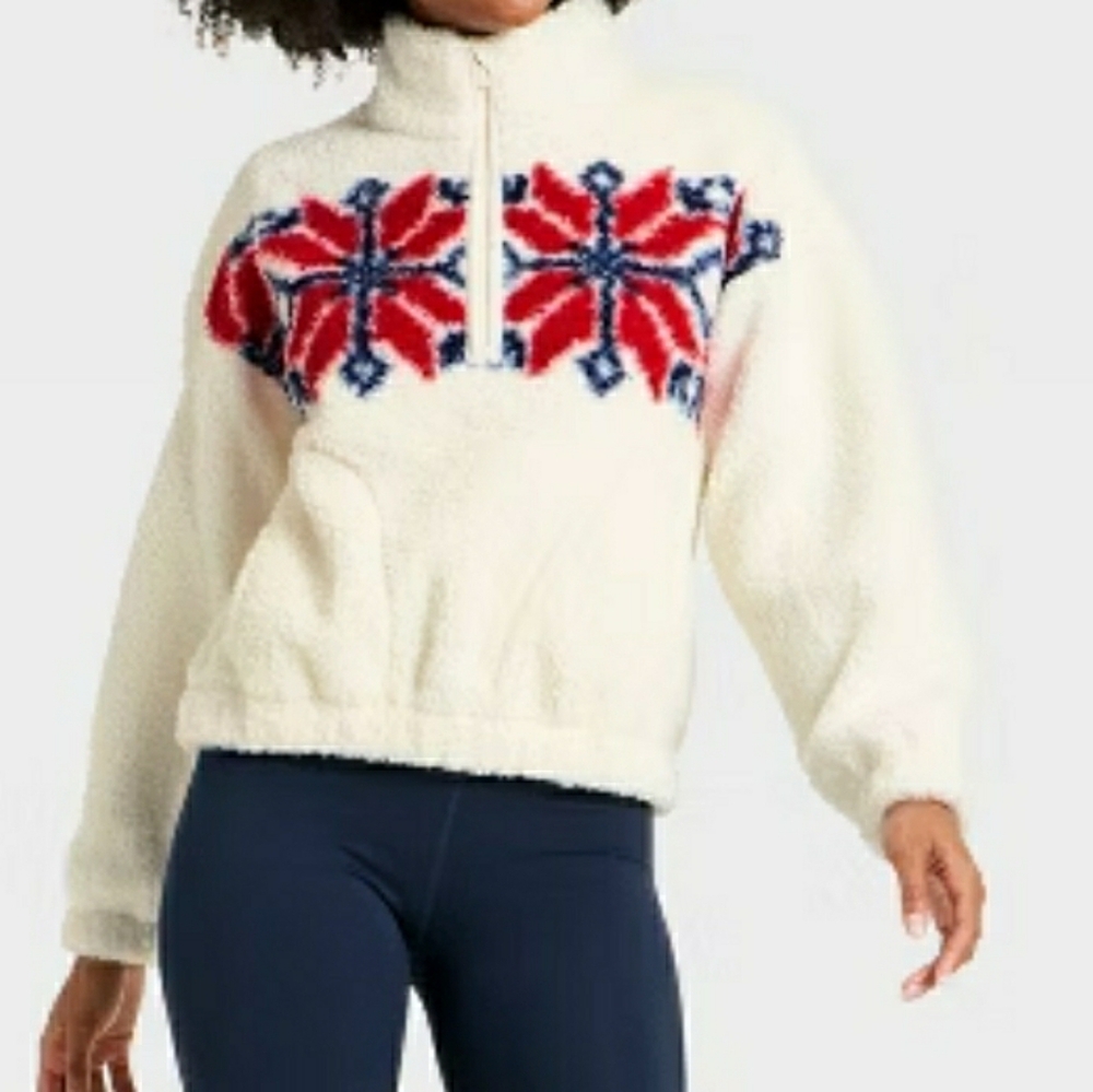 All In Motion High Pile Fleece 1/2 Zip Pullover Red White Fairisle Large NWOT